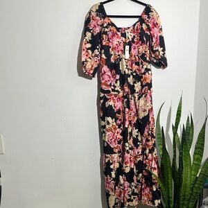 Anthropologie Black and Pink Floral Maxi Dress